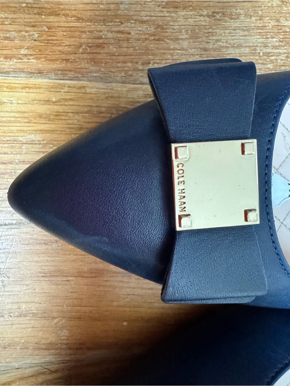 Cole Haan Navy Pointed-Toe Ballet Flats with Bow and Gold Accent - Picture 6 of 8